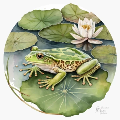 watercolor frog on Lilly pad clipart on white background