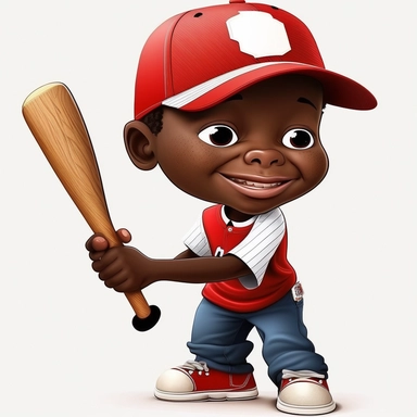 Cute five year old, little black boy, clip, art, cartoon character, red and white baseball, pants and shirt, baseball cap, happy, white background, red and white colors, smiling, baseball bat, and glove Full body and photo
