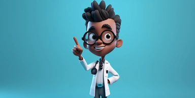 3d rendering, african cartoon character, young doctor with stethoscope and with black skin, shows index finger up, looks at camera. Healthcare clip art isolated on blue background. solving a medical problem. idea concept