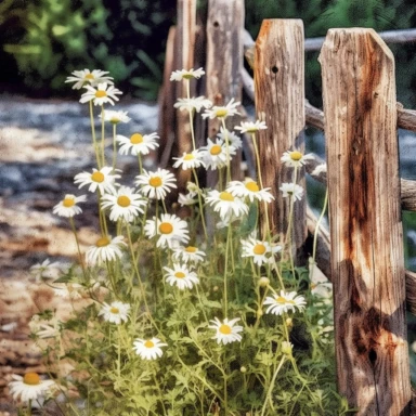 chamomile plant, in a garden against a old wood rail fence , clipart, vintage watercolor style, hyper hd--q2--v5.1