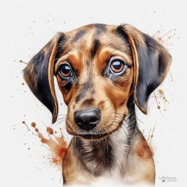 cute Polish Hunting Dog dog portrait, full face, centered shot, side shot, dynamically posed, in action, playful mood, happy mood, playing mood, cute face, adorable smile, childlike eyes, clean watercolor illustration, white background, nursery baby imagery, painting, detailed, 8k, PNG, clipart,
