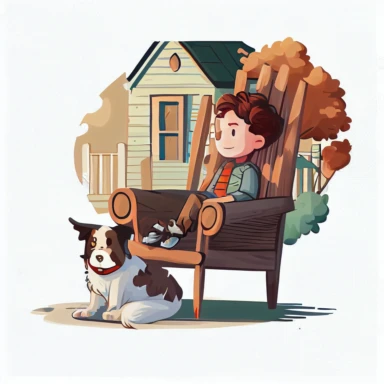 boy and his dog lounging together in the armchair on the porch of the cottage, clipart, cartoon children style, sharp graphic vector art illustration, warm colors, very high details, 8k, white background