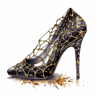 Idyllic watercolor and ink clipart of spiky high heel shoe, dark gothic black gothic cobweb design with gold accent, isolated on a white background, dark moody colors, highly detailed, ultra-realistic