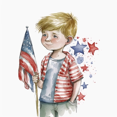side boy kid with 4th of July theme,Watercolor style, Clipart,on white background
