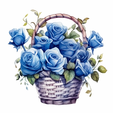 hand drawn vector watercolor, blue basket of roses, cute, lovely style, funny cartoon, white background Sublimation Clipart,hyper realistic, intricate detail, illustration style,high solution,on the white background