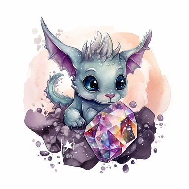 On a white background, design a stunning Watercolour Colourful Fantasy cute baby Dragon clipart graphic with intricate details of a cute face and an enchanting crystal design, highlighting a color palette of dark and mysterious shades reminiscent of a mystical cave