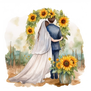 watercolor The middle circle of newlyweds with their arms around in the park. back view Bridal veil with Sunflowers flowers and leaves adorning her hair. hair up with flowers vividly bold designs png realistic cartoon in 32K UHD cute. 15 cm thick outline. Black color. There was no shadow on the ground. 8k with realistic watercolors. and detailed illustrations. PNG clipart, transparent white background