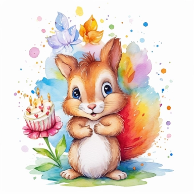 cute cartoon squirrel , celebrating birthday party, rainbow colours, flowers, watercolor clipart, pure white background