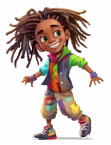 cute cool happy black boy with wild colorful dreadlocks, jumping, chibi style, jewelry, hip hop clothing, hands in pocket, clipart, whole body, white background,