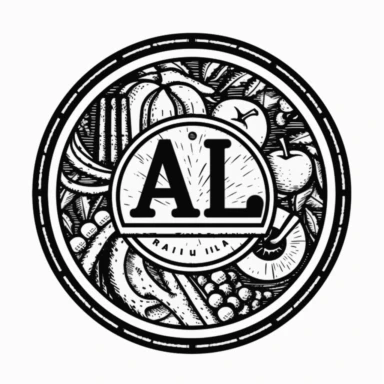 round logo, company name is A&L, food rlated, low detail, simple, black and white, extra thick black lines, linocut, isolated clipart