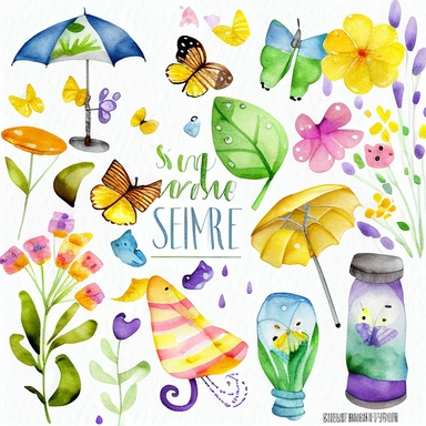 Please create a series of watercolor clipart illustrations featuring different items related to spring. Each illustration should be drawn in a charming and playful style that captures the beauty and vibrancy of the season. Items to include can be flowers, butterflies, birds, bees, rain boots, and umbrellas. Please use a coherent color palette that is bright and cheerful, but also soothing and calming. Colors that are associated with spring, such as greens, blues, pinks, and yellows, should be us