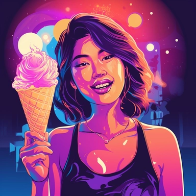 Illustrate a clipart image showcasing a beautiful thai woman with radiant eyes that shine brightly eating a glow in the dark, neon, ice cream on a cone. Use a rich and diverse color palette to enhance her appearance, and ensure the image is detailed and crisp. The background should be pure white