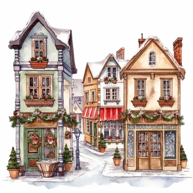 Christmas street, Ornamental watercolor, clipart, I can't believe how beautiful this is , style by Lucy Fleming, watercolor, smooth gradients, black contour outline, ultra detailed, clipart elements, delicate pastel colors, solid white background, super clear, high quality