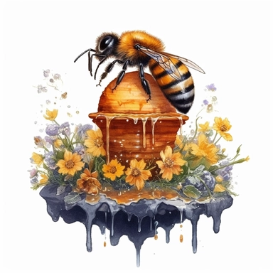 Fluffy Bumblebee on a bee hive with fresh wildflowers, dripping honey, highly detailed, acrylic paint, 16k, realistic, isolated on a white background, clipart