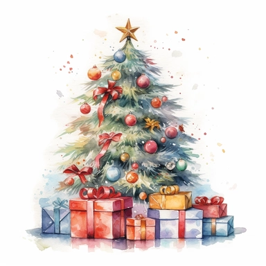 , Beautiful decorated christmas tree with presents, isolated on white background, watercolor, high detail, unique, intricate detail, hand - painted lateral view, clipart, transparent background, clear background, high resolution, watercolor, vector, 12k,