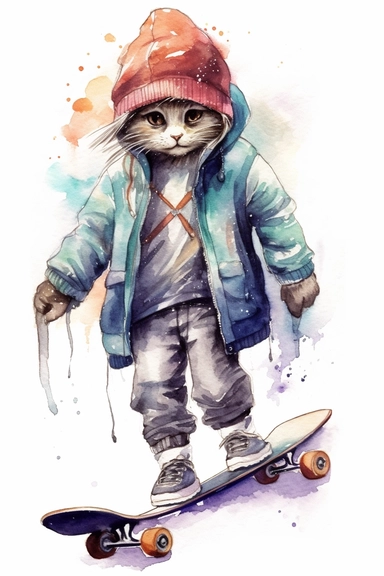 watercolour gangster cat on skateboards clipart, white background,