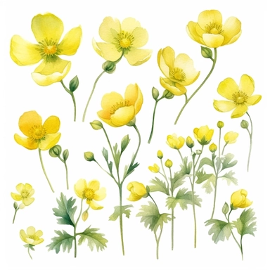 beautiful dainty buttercups flowers, boho watercolor clipart, solid white background, hard edges, smooth