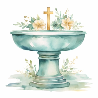 Graceful Baptism Watercolor Clipart - Baptismal Font: This artwork features a baptismal font depicted in sage green and pastel blue, symbolizing the water used during the baptism ceremony and the renewal it brings.