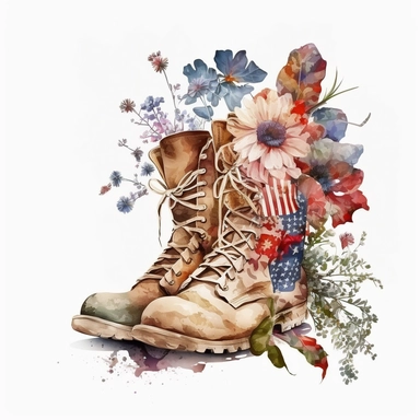 A Pair of Old Veteran Boots Combined with American Flag, Many Various Beautiful and Bright Boho Florals Flowers Inside Boots, Sublimation Clipart, on a white background