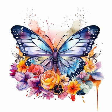Create a highly convertible clipart image with a focus on postcards and creative projects. Use a vibrant watercolor style to depict a flying butterfly surrounded by colorful flowers and water elements. Ensure the image is very sharp and ultra-high quality to drive maximum conversion and encourage purchases. Emphasize the new color variations in the butterfly and flowers to capture attention. The clipart should be in HD resolution and placed on a clean white background. AR aspect ratio 3:2. Image