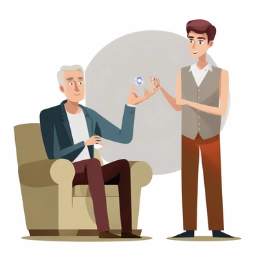 Young man holding engagement ring in living room asking older father for permission, transparent white background, flat clipart style