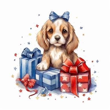 4th of July watercolor illustration clipart, cute baby dog with little gift, white background