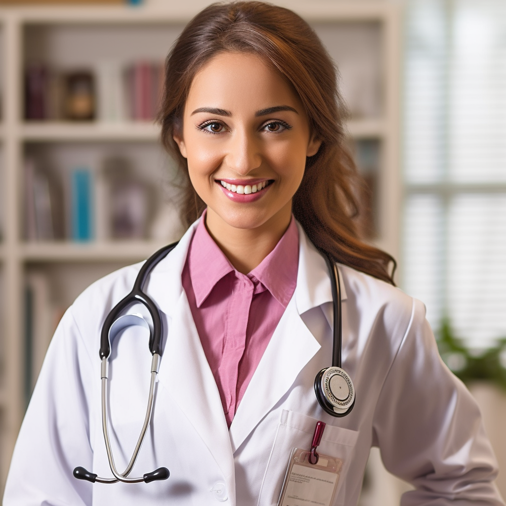 Female doctor, laminated ID badge clipped to lab coat, crisp white lab ...