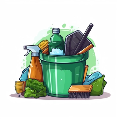 In clipart style with a tranparent background, A green plastic bucket containg various cleaning supplies including, a rag, a spray bottle and a toilet brush