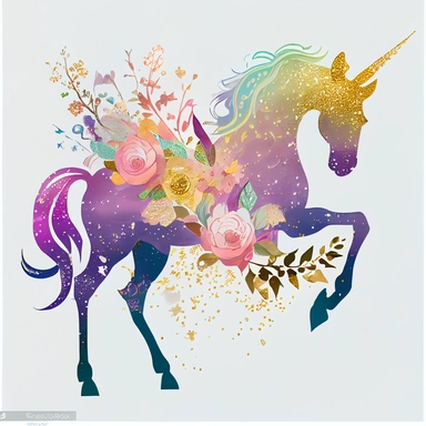 Beautiful, colofrul unicorn, magic horse, pegasus silhouette, rainbow color with shiny golden glitter and watercolor floral, flowers bouquet, clipart, details
