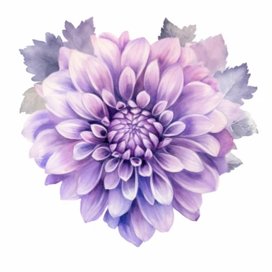 a heart shape made with Soft Purple and Pastel Purple Dahlia flowers, wet on dry watercolour style, antique look, clipart, white background