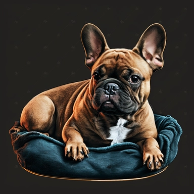 french bulldog, on a dog bed, tempera clipart illustration, dark vibrant colour, vivid, clean, crisp, smooth, white background