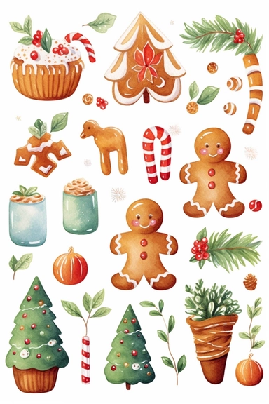 watercolour christmas theme clip art, gingerbread cookies and christmas candy theme, clipart variations, simple, vector, 8k
