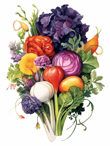vibrant bouquet of flowers and vegetables, hand-painted watercolor, lots of color with really soft blends and bleeding from one color to the next with a transparent finish, onions, broccoli, carrots, tomatoes, clipart with a white background