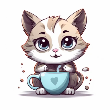 A cat holding a coffee cup with a wide-eyed expression, representing the love for caffeine clipart