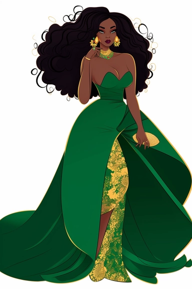 Cartoon Black Skin African American Clipart Plus size Beautiful Rich Woman Wearing green ball gown wearing gold jewelry having beautiful face long eyelashes and beautiful lips beautiful long hair confident confident wearing high heels no text