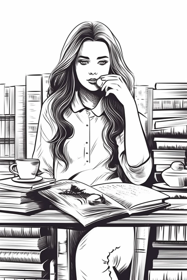 black and white Line Art beautiful young modern Woman drinking coffee at her desk with Lot of books, isolated handpainted minimalist Logo style, thin outline Line Art cartoon Clipart Style, White Background