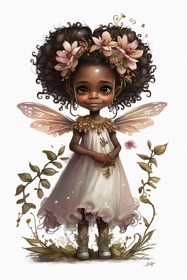 cute little fairy girl, black princess, flowers around, smiling, full body, nice worm eyes, watercolor clipart, intricate details, white background