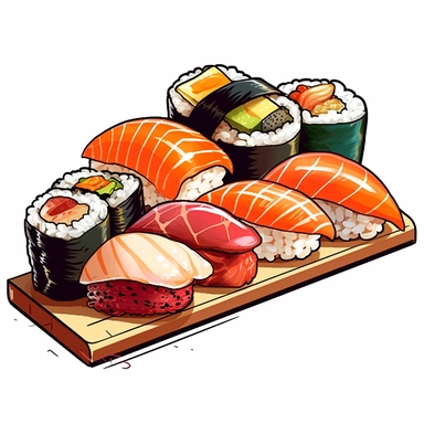 Picture an enticing clipart of various nigiri sushi, each carefully drawn with attention to detail. The sushi pieces are topped with slices of fresh, glistening fish like bright pink salmon, deep red tuna, and iridescent eel, each set atop a hand-moulded mound of sushi rice. The bright and contrasting colors of the sushi are brought to life against a crisp, white background.