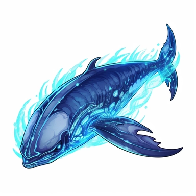 a glowing tribal blue whale with blue lights on his eyes, tribal animals, in the style of manhwa character design, master of shadows, burned/charred, himalayan art, dark black and light azure, 2d game art, quadratura, clipart, on white blackground