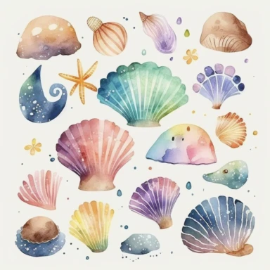 watercolor clipart of a clam clipart , cute cartoon marine animals, watercolor, watercolor paper texture, no background. clear simple shapes. isolated clipart. Adorable. High quality.