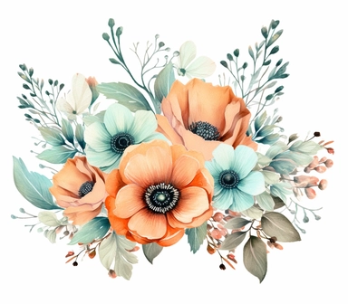 watercolor clipart of a empty suttle dainty floral no frame surrounded by turquoise color flowers and coral color flowers. Capture the essence of blooming beauty and intricate details in your artwork, white background