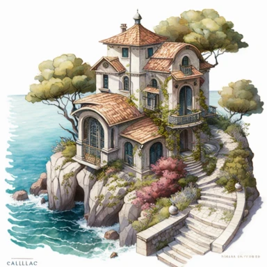 A rich color watercolored pencil painting of a seaside Mediterranean home in the style of Octopath Traveler, clean lines, intricate details, realistic, clipart, white background, png,