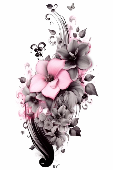 flower corner, floral border clipart, in the style of black and white realism, magenta and gray, uhd image, tattoo, monochromatic paintings, contemporary fairy tale, eye-catching detail