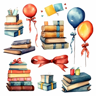World book day hand drawn watercolor clipart set. Library books collection
