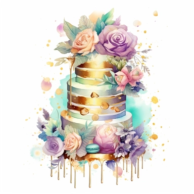 Make Galaxy Cake Clipart, fantasy rainbow pastel and gold foil floral theme, greenish color