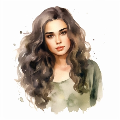 watercolor clipart of a beautiful dark brown long haired woman with green eyes a dimple on her cheek dark arched eyebrows plus size full body