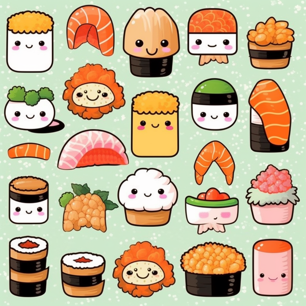 realistic asain kawaii food, digital stamps vector Kawaii Sushi clipart ...