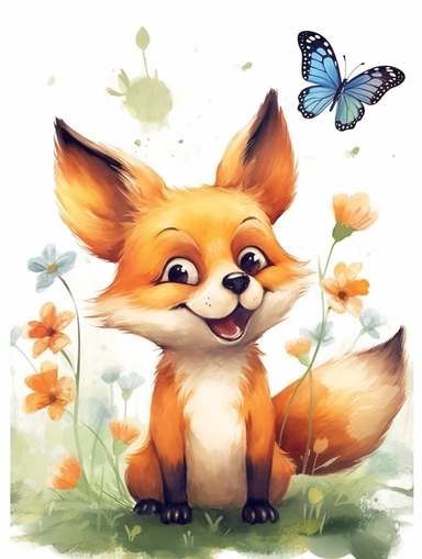 cute happy fox looking at a butterfly on the nose, in watercolor style, with a soft and delicate touch, clipart, The background is a solid white color, with no shadows or gradients. cabincore