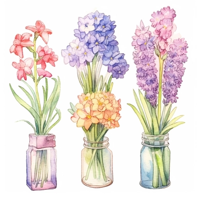 Create a heartwarming clip art image using hand-drawn watercolor techniques. Design a family gift niche with birth flowers representing a family of four: a February baby (Violet), a May baby (Lily of the Valley), an August baby (Gladiolus), and a November baby (Chrysanthemum). Personalize the image by arranging the birth flowers in an organic and visually pleasing manner, ensuring that the colors blend harmoniously.