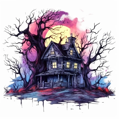 scary haunted house, dead trees, watercolor, clipart, white background, grotesque, sketchfab, under the moonlight, eerie color scheme, creepy color palette